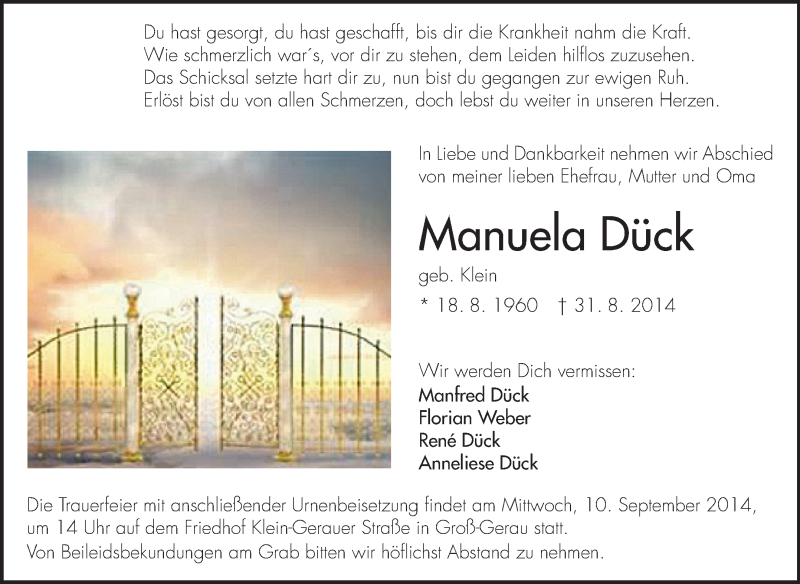  Traueranzeige für Manuela Dück vom 06.09.2014 aus Rüsselsheimer Echo, Groß-Gerauer-Echo, Ried Echo