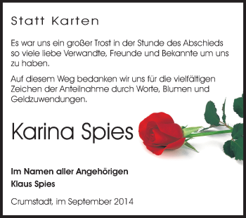 Traueranzeige von Karina Spies von Rüsselsheimer Echo, Groß-Gerauer-Echo, Ried Echo