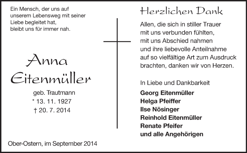  Traueranzeige für Anna Eitenmüller vom 06.09.2014 aus Echo-Zeitungen (Gesamtausgabe)
