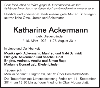 Traueranzeige von Katharine Ackermann von Echo-Zeitungen (Gesamtausgabe)