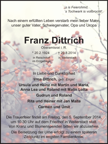 Traueranzeige von Franz Dittrich von Echo-Zeitungen (Gesamtausgabe)
