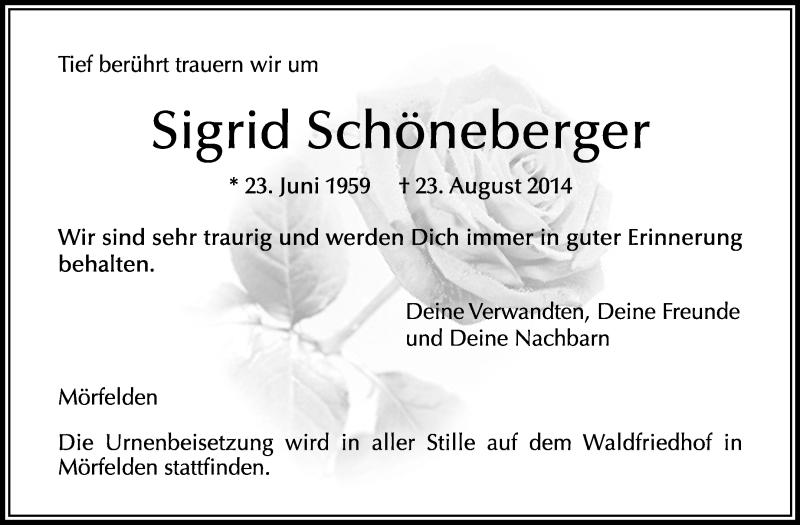  Traueranzeige für Sigrid Schöneberger vom 04.09.2014 aus Rüsselsheimer Echo, Groß-Gerauer-Echo, Ried Echo