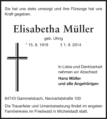 Traueranzeige von Elisabetha Müller von Odenwälder Echo