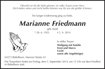Traueranzeige von Marianne Friedmann von Rüsselsheimer Echo, Groß-Gerauer-Echo, Ried Echo