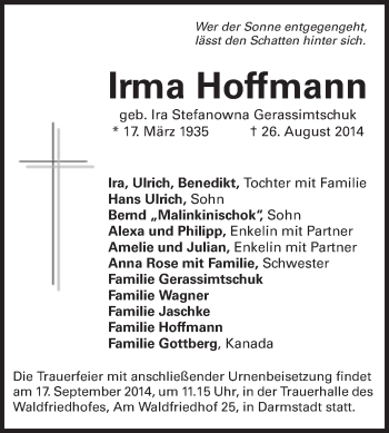 Traueranzeige von Irma Hoffmann von Echo-Zeitungen (Gesamtausgabe)