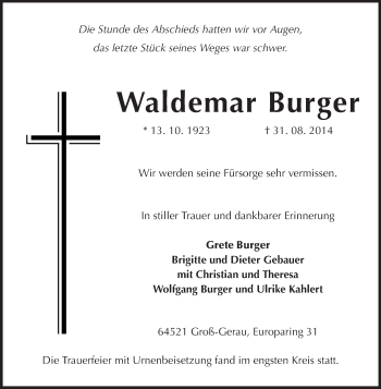 Traueranzeige von Waldemar Burger von Rüsselsheimer Echo, Groß-Gerauer-Echo, Ried Echo