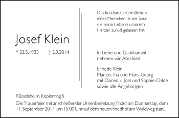 Traueranzeige von Josef Klein von Rüsselsheimer Echo, Groß-Gerauer-Echo, Ried Echo