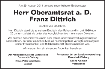 Traueranzeige von Franz Dittrich von Echo-Zeitungen (Gesamtausgabe)