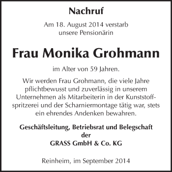 Traueranzeige von Monika Grohmann von Echo-Zeitungen (Gesamtausgabe)