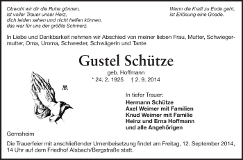 Traueranzeige von Gustel Schütze von Echo-Zeitungen (Gesamtausgabe)