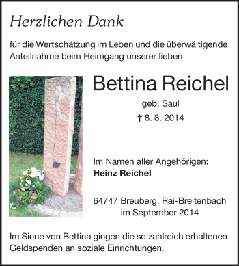 Traueranzeige von Bettina Reichel von Odenwälder Echo