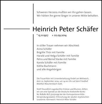 Traueranzeige von Heinrich Peter Schäfer von Echo-Zeitungen (Gesamtausgabe)