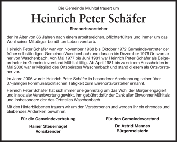 Traueranzeige von Heinrich Peter Schäfer von Echo-Zeitungen (Gesamtausgabe)
