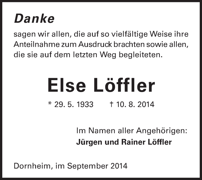  Traueranzeige für Else Löffler vom 06.09.2014 aus Rüsselsheimer Echo, Groß-Gerauer-Echo, Ried Echo
