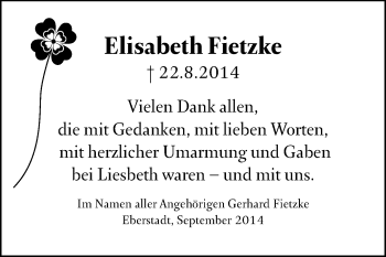 Traueranzeige von Elisabeth Fietzke von Echo-Zeitungen (Gesamtausgabe)