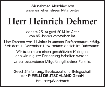 Traueranzeige von Heinrich Dehmer von Odenwälder Echo