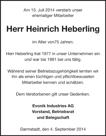 Traueranzeige von Heinrich Heberling von Echo-Zeitungen (Gesamtausgabe)