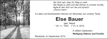 Traueranzeige von Else Bauer von Darmstädter Echo, Odenwälder Echo, Rüsselsheimer Echo, Groß-Gerauer-Echo, Ried Echo