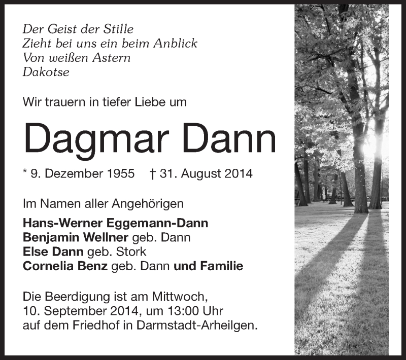  Traueranzeige für Dagmar Dann vom 08.09.2014 aus Echo-Zeitungen (Gesamtausgabe)