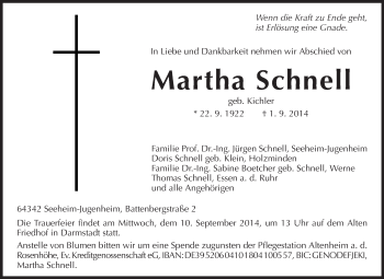Traueranzeige von Martha Schnell von Echo-Zeitungen (Gesamtausgabe)