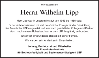 Traueranzeige von Wilhelm Lipp von Echo-Zeitungen (Gesamtausgabe)