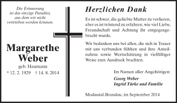 Traueranzeige von Margarethe Weber von Echo-Zeitungen (Gesamtausgabe)