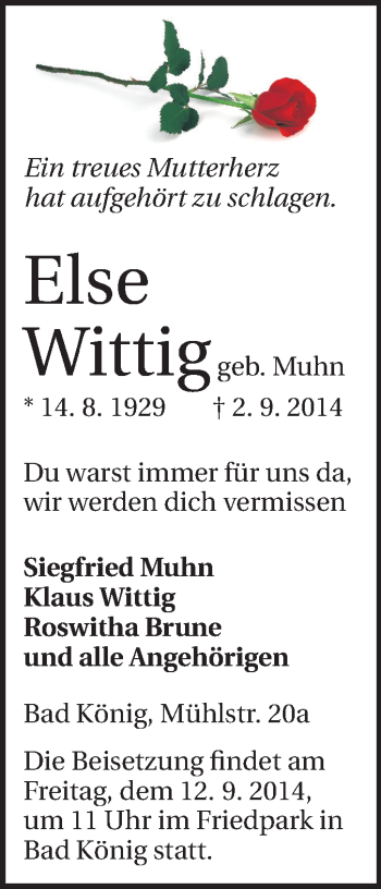Traueranzeige von Else Wittig von Odenwälder Echo