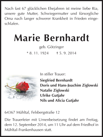 Traueranzeige von Marie Bernhardt von Echo-Zeitungen (Gesamtausgabe)
