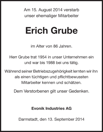 Traueranzeige von Erich Grube von Echo-Zeitungen (Gesamtausgabe)