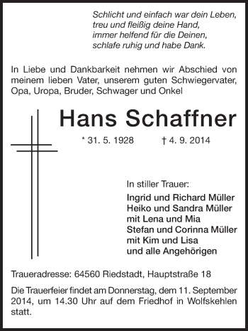Traueranzeige von Hans Schaffner von Rüsselsheimer Echo, Groß-Gerauer-Echo, Ried Echo