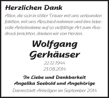 Traueranzeige von Wolfgang Gerhäuser von Echo-Zeitungen (Gesamtausgabe)