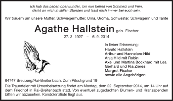 Traueranzeige von Agathe Hallstein von Odenwälder Echo