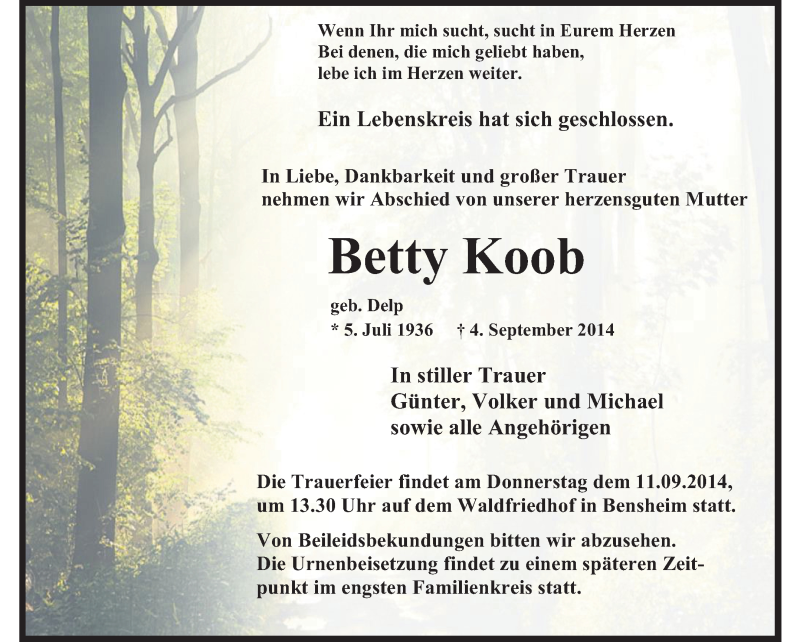  Traueranzeige für Betty Koob vom 09.09.2014 aus Starkenburger Echo
