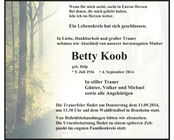 Traueranzeige von Betty Koob von Starkenburger Echo