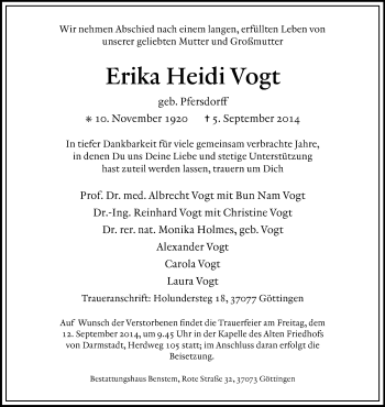 Traueranzeige von Erika Heidi Vogt von Echo-Zeitungen (Gesamtausgabe)