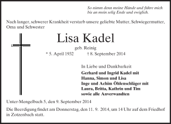 Traueranzeige von Lisa Kadel von Starkenburger Echo