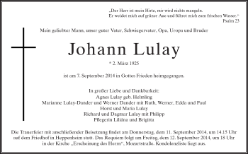Traueranzeige von Johann Lulay von Starkenburger Echo, Bergsträßer Anzeiger