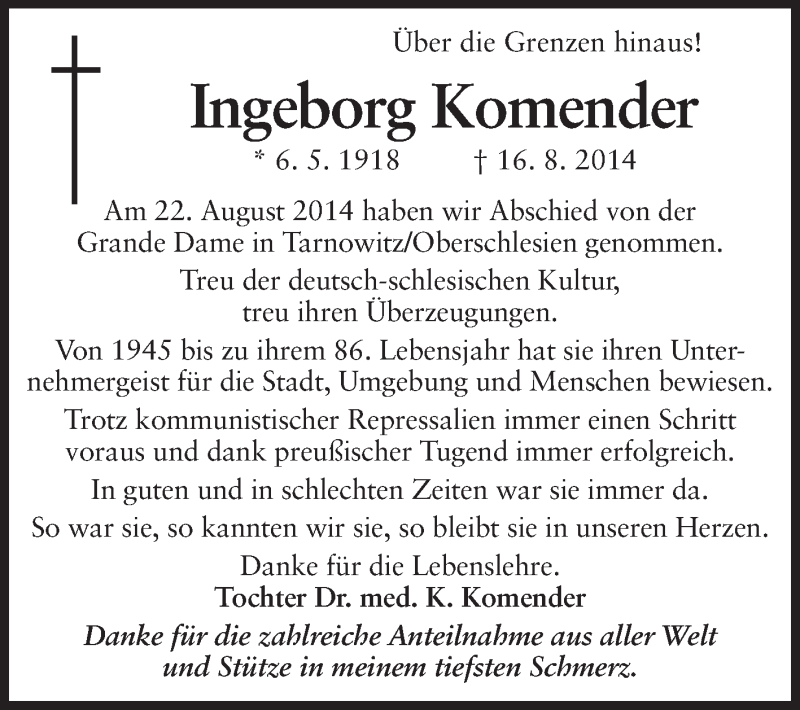  Traueranzeige für Ingeborg Komender vom 13.09.2014 aus Echo-Zeitungen (Gesamtausgabe)