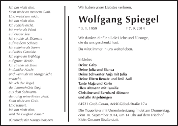 Traueranzeige von Wolfgang Spiegel von Rüsselsheimer Echo, Groß-Gerauer-Echo, Ried Echo
