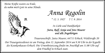 Traueranzeige von Anna Regolin von Odenwälder Echo
