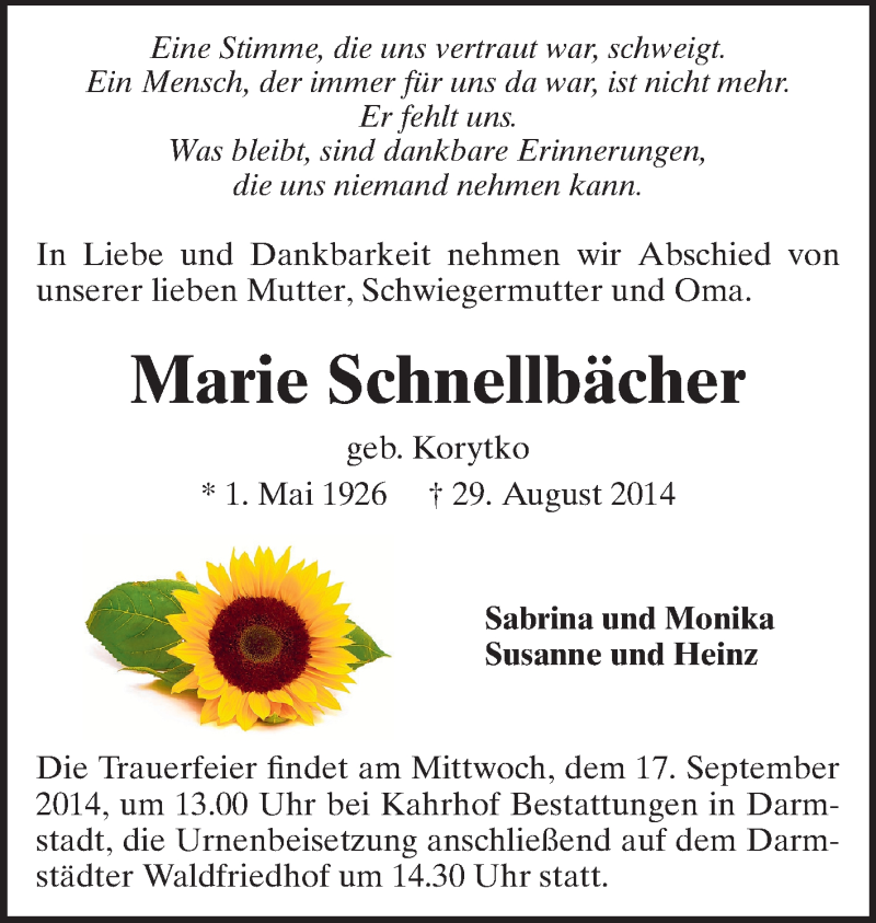  Traueranzeige für Marie Schnellbächer vom 13.09.2014 aus Echo-Zeitungen (Gesamtausgabe)