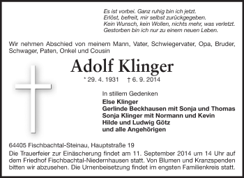 Traueranzeige von Adolf Klinger von Echo-Zeitungen (Gesamtausgabe)