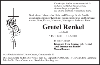 Traueranzeige von Gretel Renkel von Odenwälder Echo