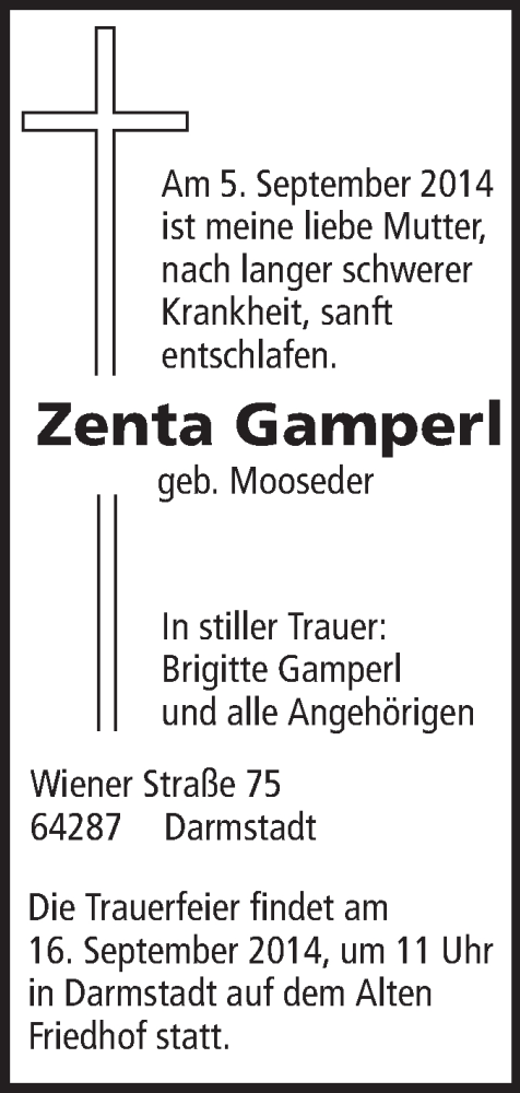  Traueranzeige für Zenta Gamperl vom 10.09.2014 aus Echo-Zeitungen (Gesamtausgabe)