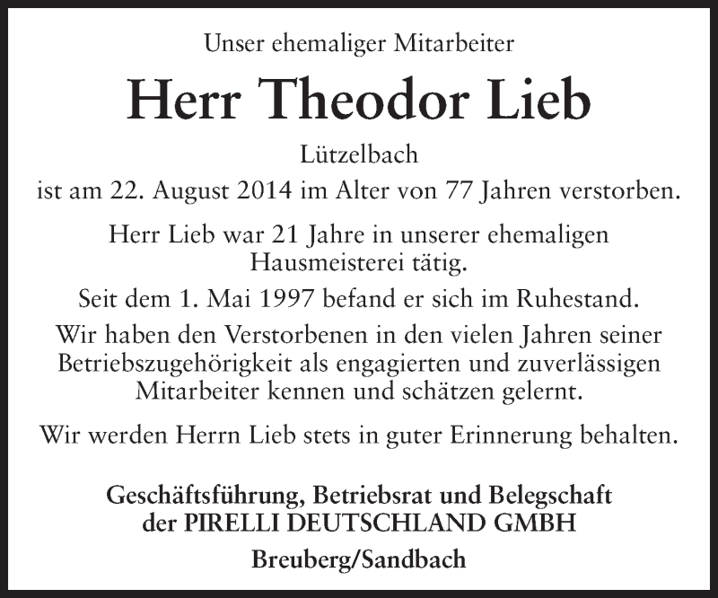  Traueranzeige für Theodor Lieb vom 10.09.2014 aus Odenwälder Echo