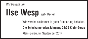 Traueranzeige von Ilse Wesp von Rüsselsheimer Echo, Groß-Gerauer-Echo, Ried Echo
