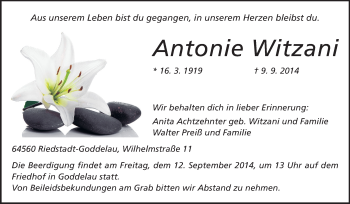 Traueranzeige von Antonie Witzani von Rüsselsheimer Echo, Groß-Gerauer-Echo, Ried Echo