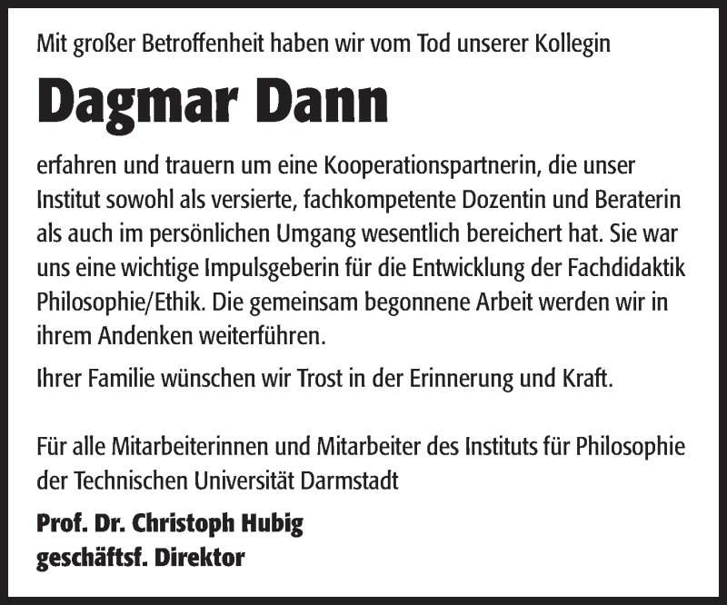  Traueranzeige für Dagmar Dann vom 10.09.2014 aus Echo-Zeitungen (Gesamtausgabe)