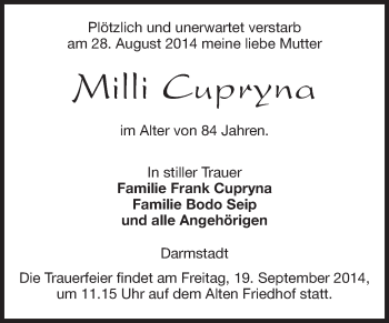 Traueranzeige von Milli Cupryna von Echo-Zeitungen (Gesamtausgabe)