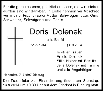 Traueranzeige von Doris Dolenek von Echo-Zeitungen (Gesamtausgabe)